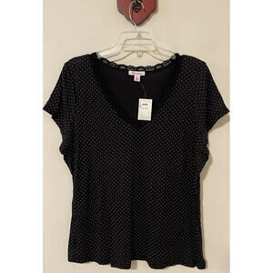 Zena Jeans Womens 2x Black Polka Dot Vneck Short-Sleeved Cotton Blouse NWT!M1333